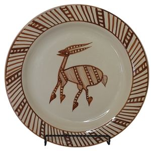 Wynne Noble Signed Pottery Large Dinner Plate Horned Antelope/Deer Rustic